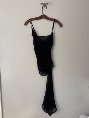 Vaquera Black Silk Chiffon Ruched, Cowl Neck Asymmetrical Hem Top